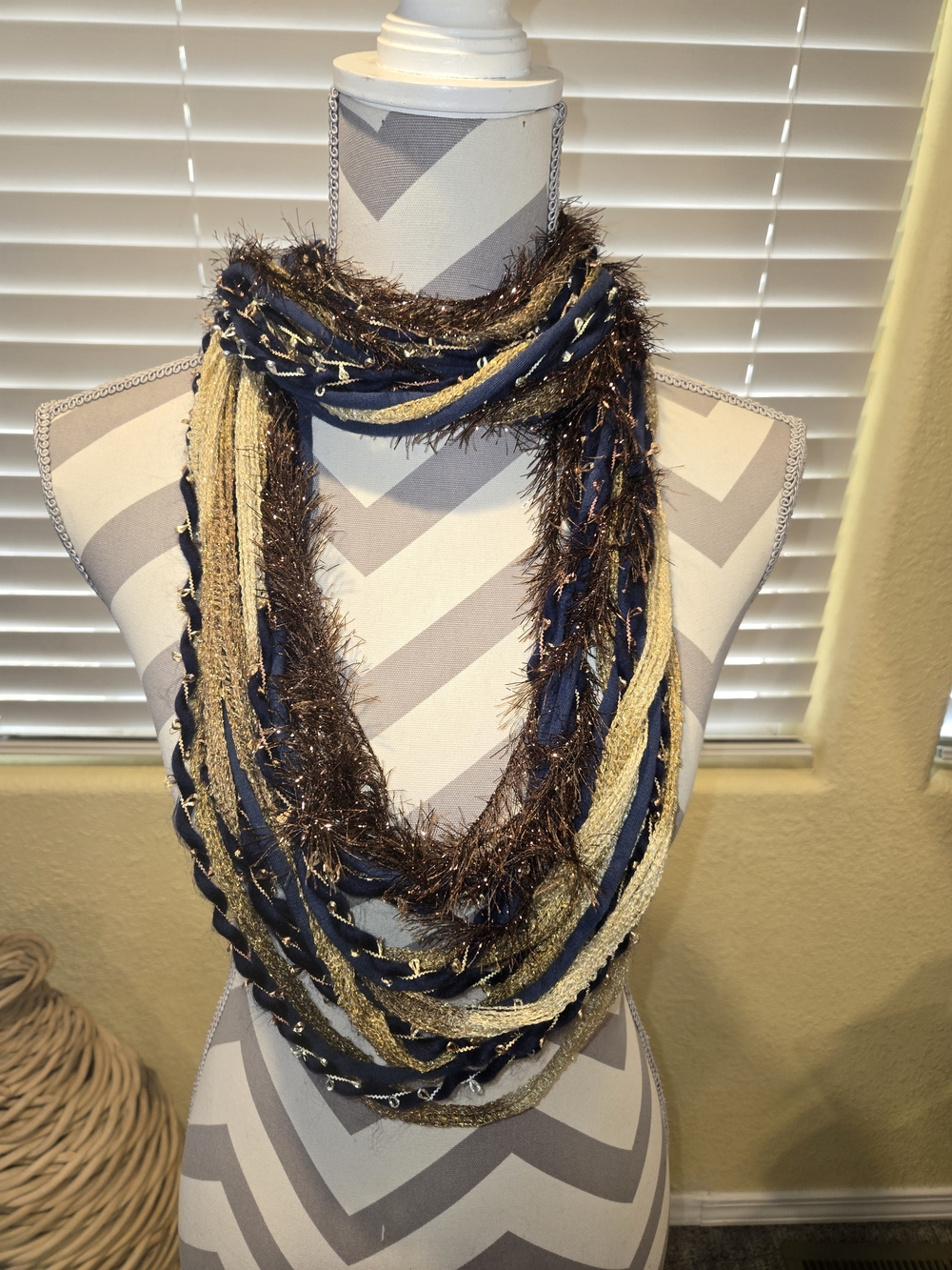 Navy, Bronze, and Gold Layered Infinity Scarf Necklace